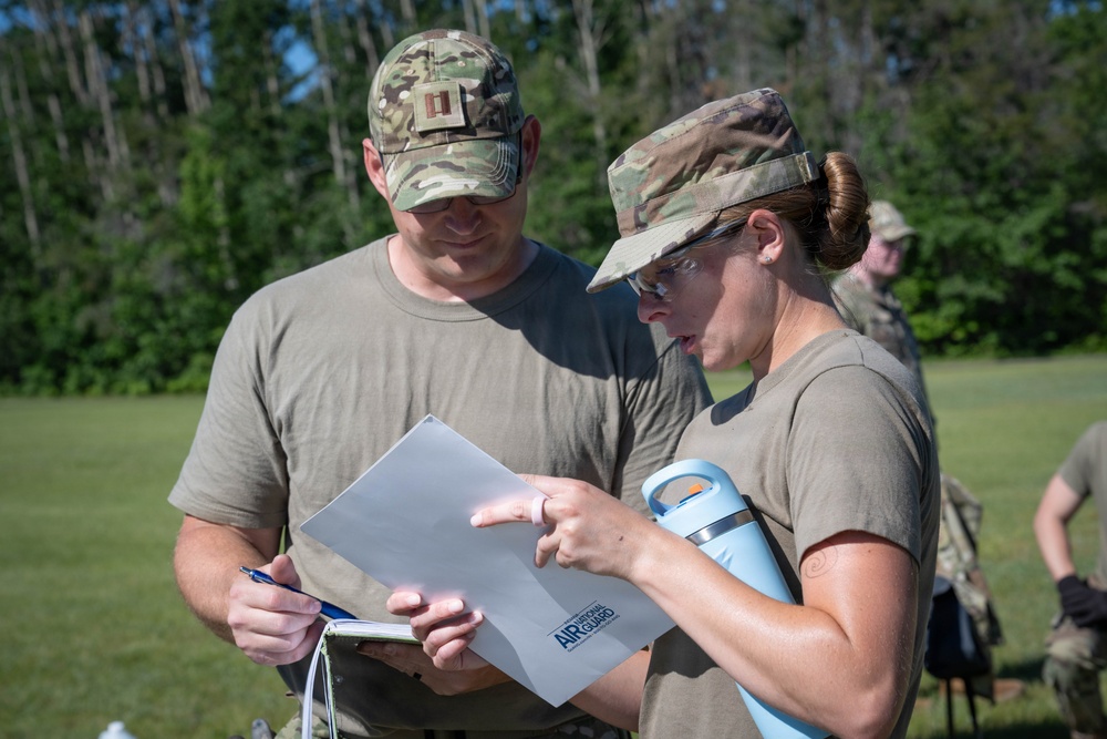 Airmen from the 181st Force Support Squadron conduct search and recovery training at Alpena Combat Readiness Training Center