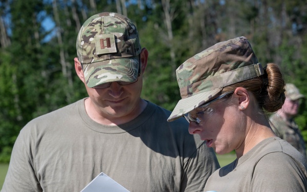 Airmen from the 181st Force Support Squadron conduct search and recovery training at Alpena Combat Readiness Training Center