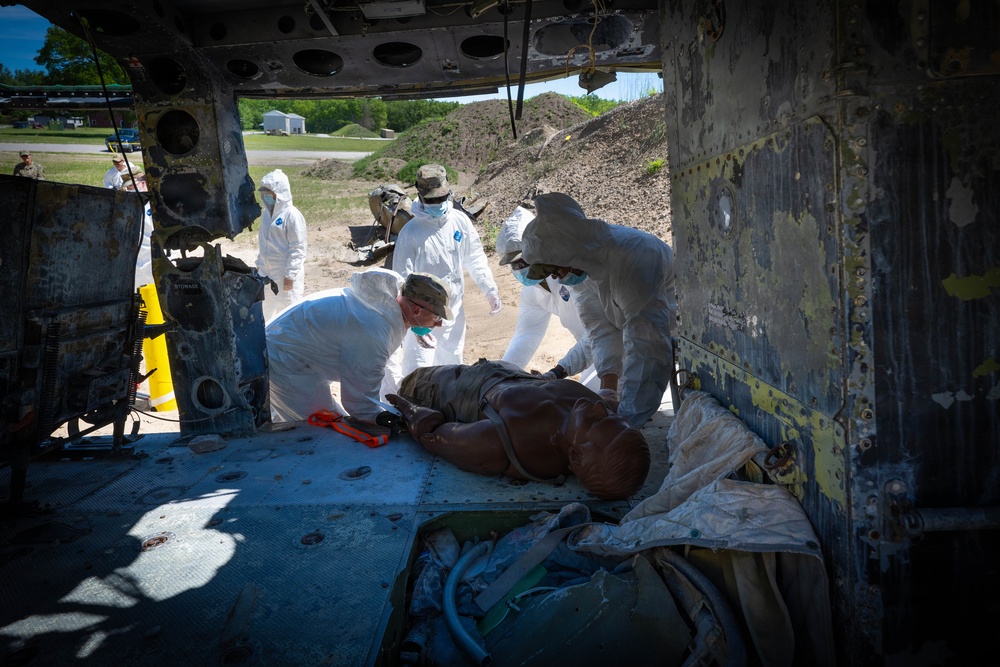 Airmen from the 181st Force Support Squadron conduct search and recovery training at Alpena Combat Readiness Training Center