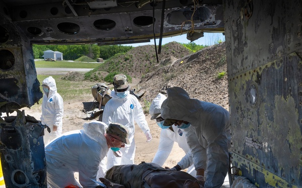 Airmen from the 181st Force Support Squadron conduct search and recovery training at Alpena Combat Readiness Training Center