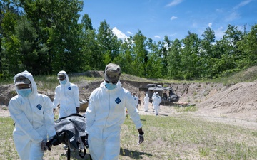 Airmen from the 181st Force Support Squadron conduct search and recovery training at Alpena Combat Readiness Training Center