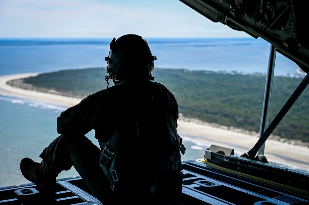 165th Airlift Wing's C-130J flies over Tybee Island during local sortie
