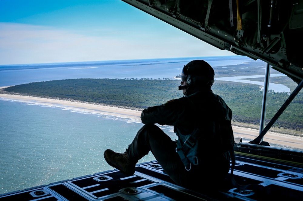 165th Airlift Wing's C-130J flies over Tybee Island during local sortie