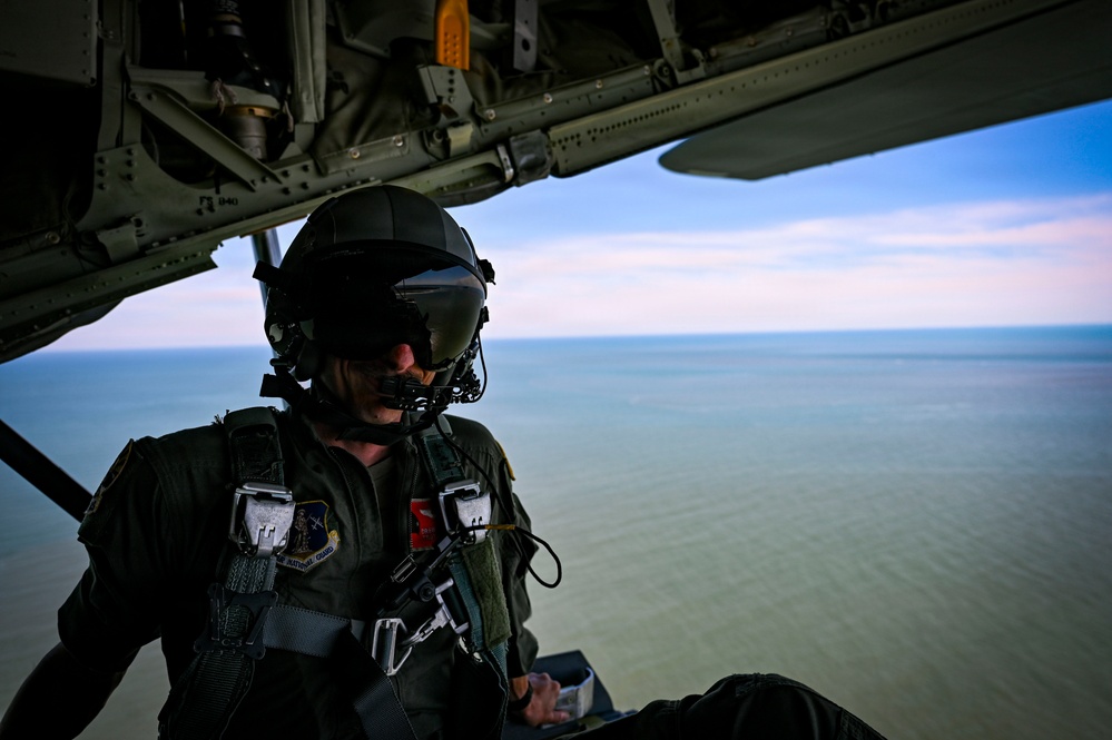 165th Airlift Wing's C-130J flies over Tybee Island during local sortie