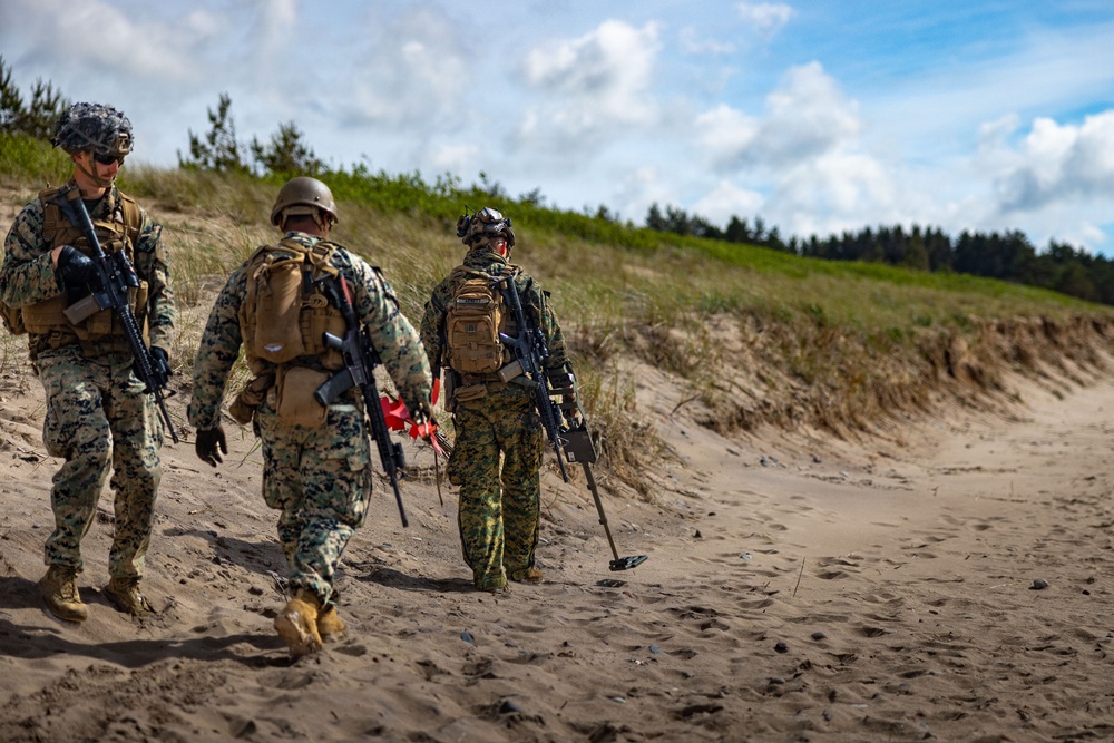 U.S. Marine Corps combat engineers conduct beach security patrol