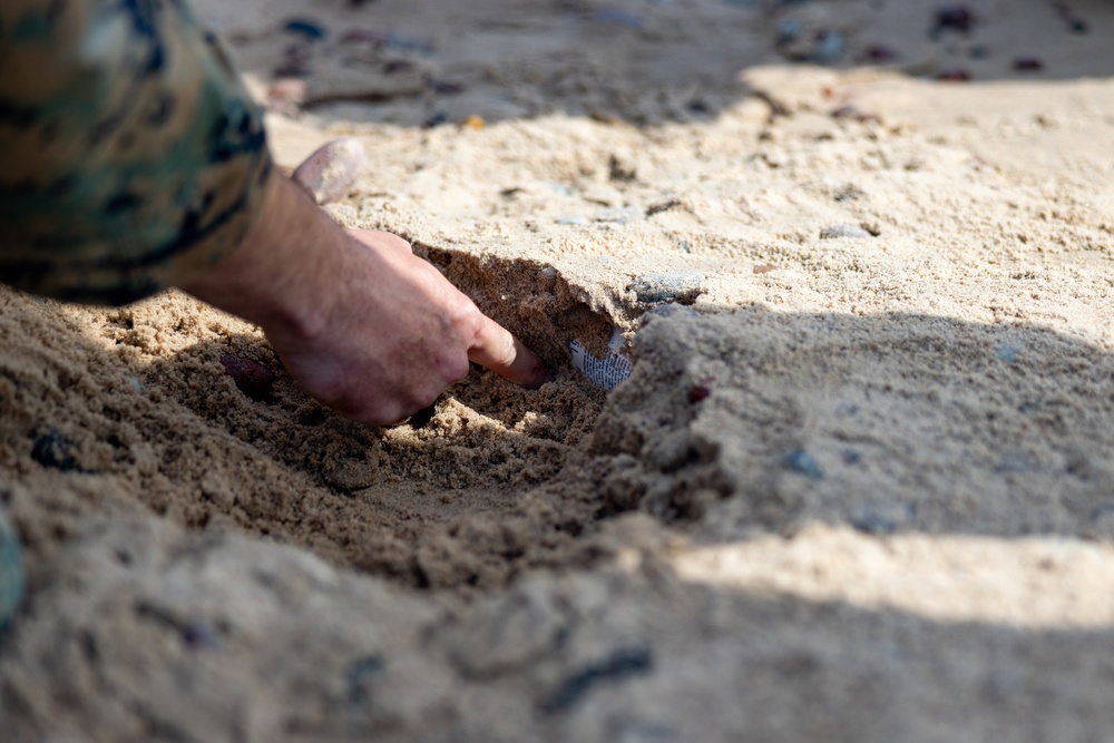U.S. Marine Corps combat engineers conduct beach security patrol