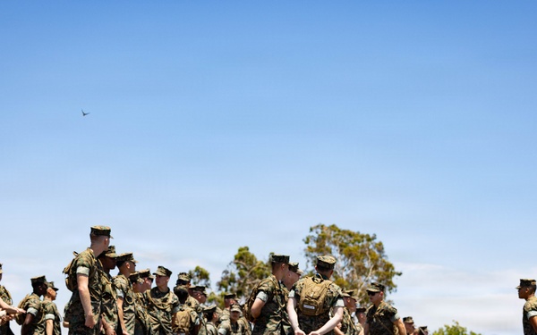 A large formation of military personnel in camouflage uniforms are assembled on a paved parade ground or drill deck. The scene appears to depict a military formation event, possibly an inspection, graduation, or unit muster, with personnel standing in organized rows. The setting appears to be a U.S. Marine Corps base, identifiable by the MARPAT camouflage uniforms and cover (caps) worn by the personnel.
