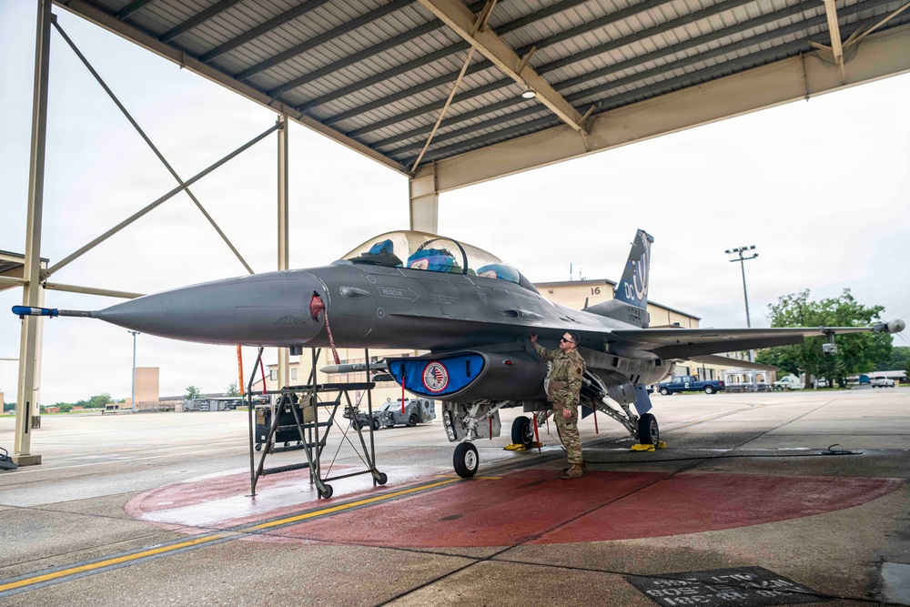 An F-16 assigned to the District of Columbia Air National Guard is prepared for a familiarity flight with Secretary of the Army, Hon. Dan Driscoll