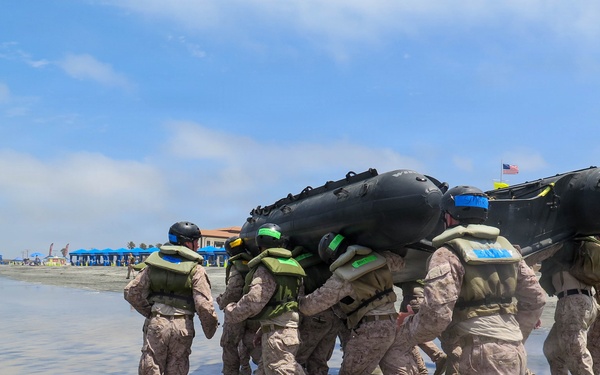 2nd Bn., 5th Marines, paddle through surf during infantry company small boat raid course