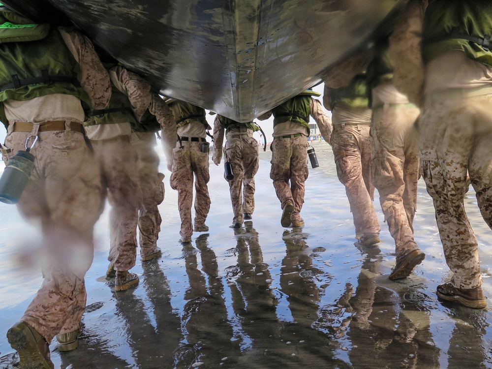 2nd Bn., 5th Marines, paddle through surf during infantry company small boat raid course