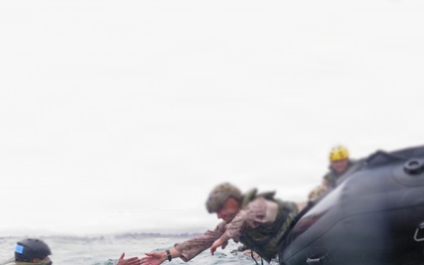 2nd Bn., 5th Marines, paddle through surf during infantry company small boat raid course