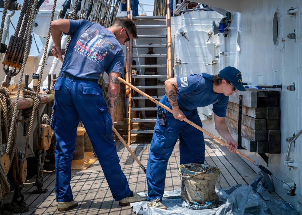 U.S. Coast Guard Academy cadets beautify the decks of the Cutter Eagle (WIX-327)