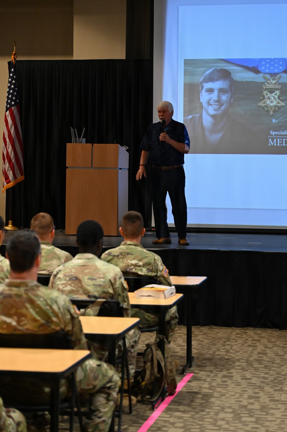 CMoH Recipient, Vietnam Combat Medic, speaks to combat medic trainees