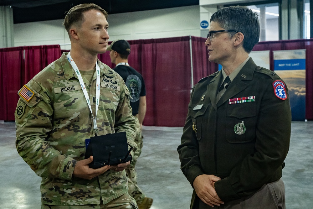 Brig. Gen. Sara Dudley and Capt. Jacob Bickus speaking at SkillsUSA2026