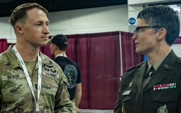 Brig. Gen. Sara Dudley and Capt. Jacob Bickus speaking at SkillsUSA2026