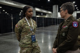 Brig. Gen. Sara Dudley and Staff Sgt. Alexandra Dennis-Belpree speaking at SkillsUSA 2026