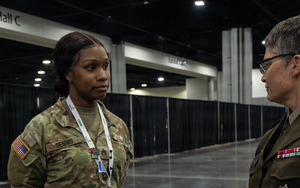 Brig. Gen. Sara Dudley and Staff Sgt. Alexandra Dennis-Belpree speaking at SkillsUSA 2026