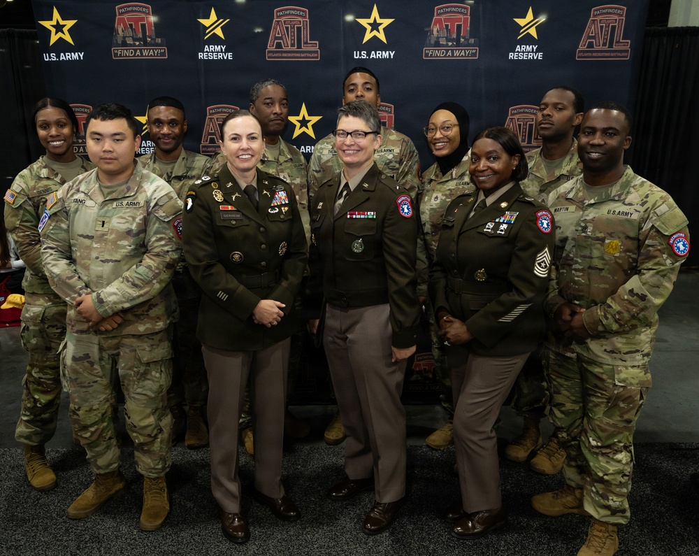 Brig. Gen. Sara Dudley take a group photo with the Atlanta Recruiting Battalion command team and Recruiters