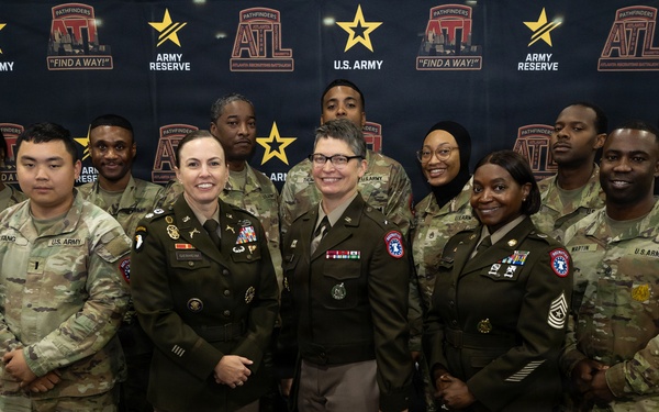 Brig. Gen. Sara Dudley take a group photo with the Atlanta Recruiting Battalion command team and Recruiters