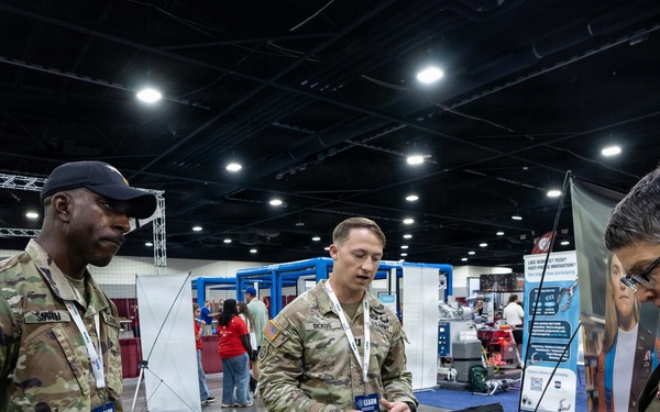 Brig. Gen. Sara Dudley speaks to U.S Army Drone Team officer in charge and noncommission officer in charge at SkillsUSA 2026