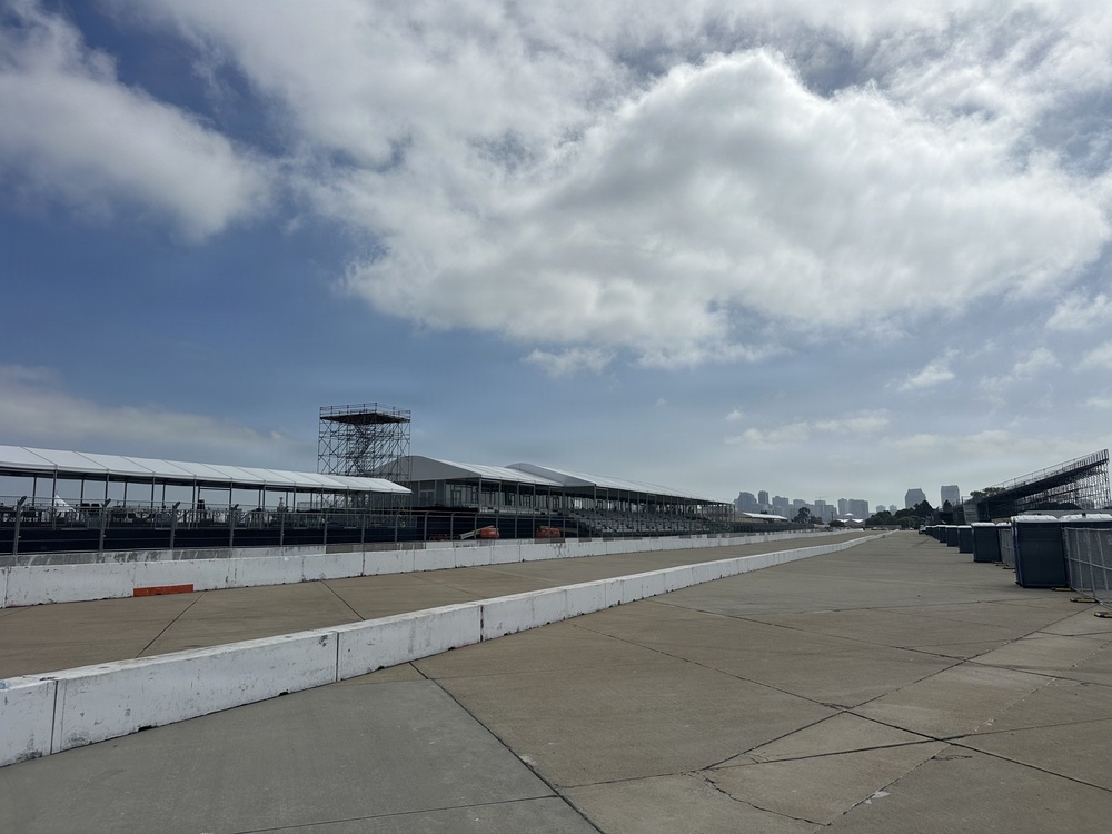 A view from the track with San Diego's skyline in the background