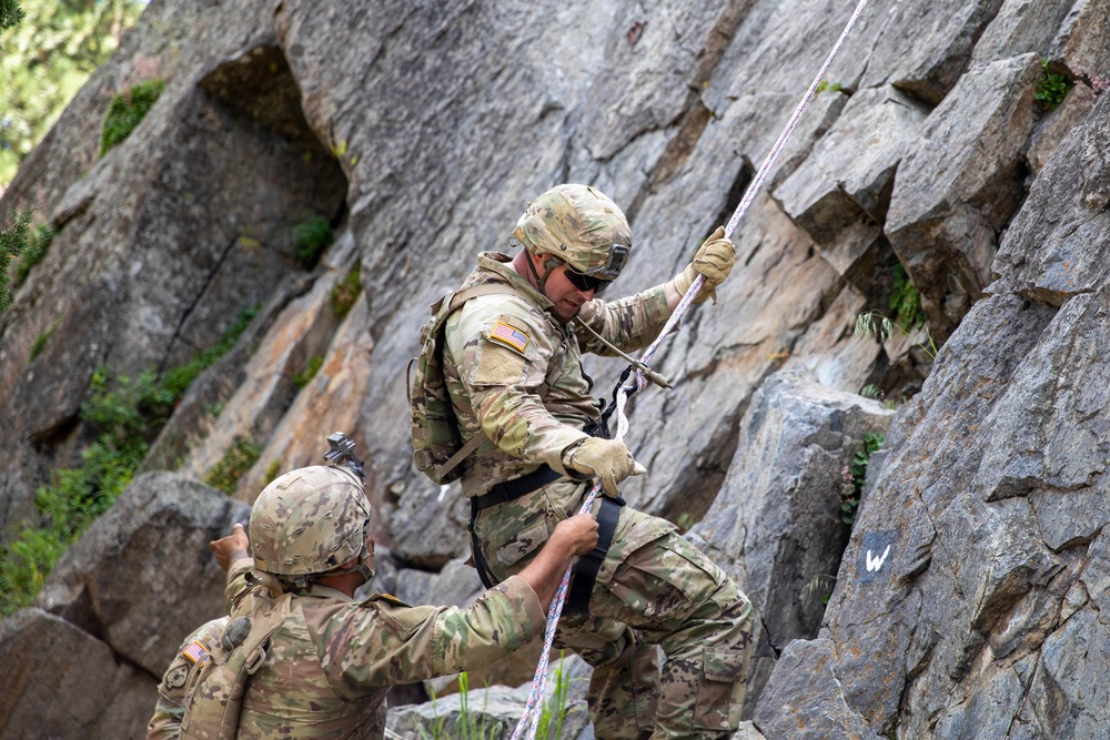 U.S Army National Guard Soldiers Assigned to the 609th Engineer Company Rappel Down an 80-Foot Rock