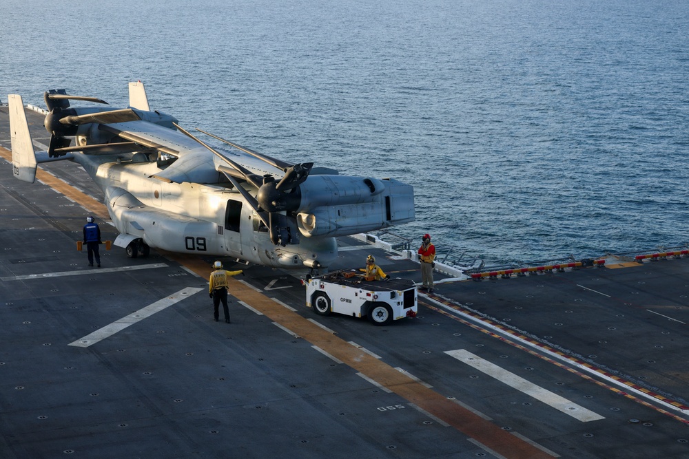 U.S. Marines and Sailors conduct flight operations on USS Essex