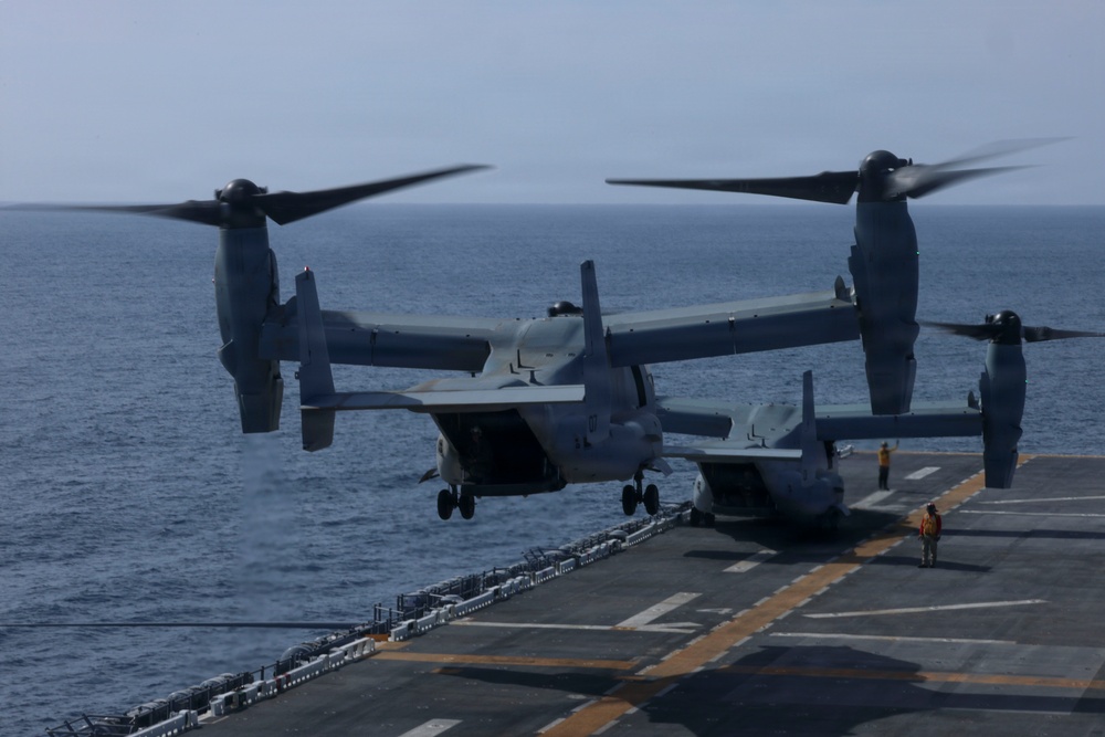U.S. Marines and Sailors conduct flight operations on USS Essex