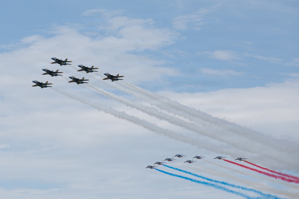Blue Angels fly in formation with Patrouille Acrobatique de France