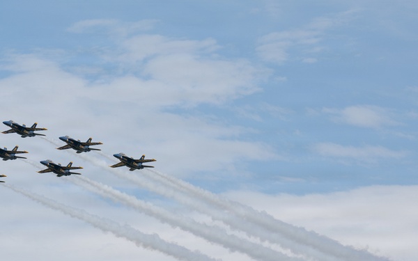 Blue Angels fly in formation with Patrouille Acrobatique de France