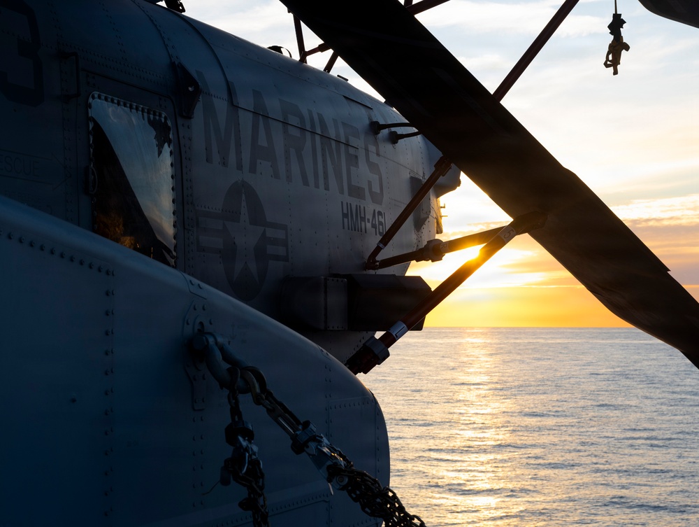 26th Marine Expeditionary Unit’s Type Commander’s Amphibious Training | HMH-461 and VMM-261 conduct night flight training operations aboard the USS Kearsarge