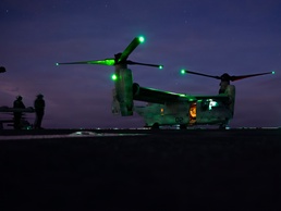 26th Marine Expeditionary Unit’s Type Commander’s Amphibious Training | HMH-461 and VMM-261 conduct night flight training operations aboard the USS Kearsarge