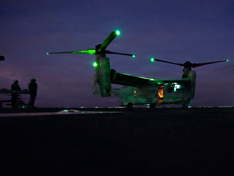 26th Marine Expeditionary Unit’s Type Commander’s Amphibious Training | HMH-461 and VMM-261 conduct night flight training operations aboard the USS Kearsarge