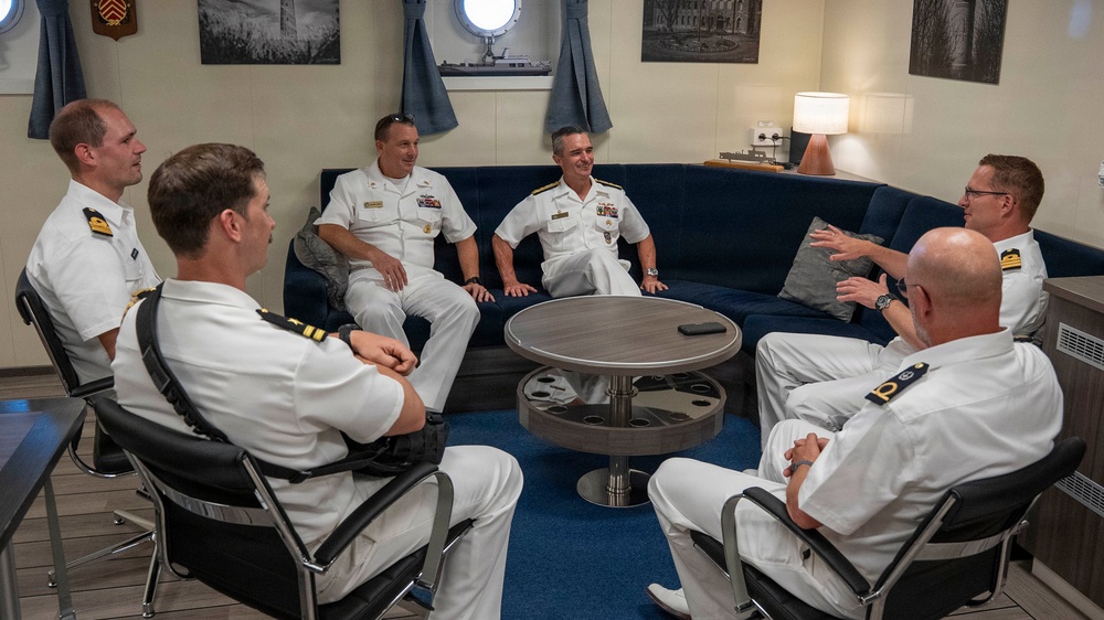 Vice Adm. Doug Perry, commander, U.S. 2nd Fleet, speaks to a Dutch Sailor