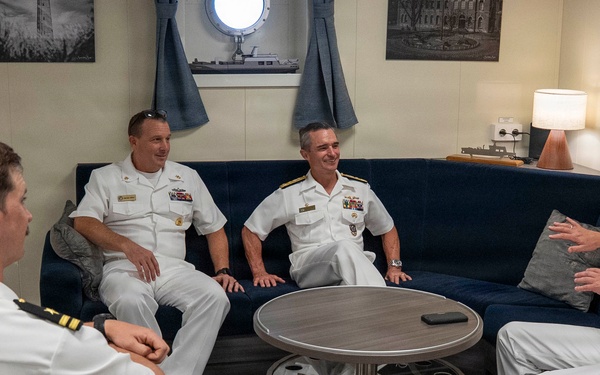 Vice Adm. Doug Perry, commander, U.S. 2nd Fleet, speaks to a Dutch Sailor