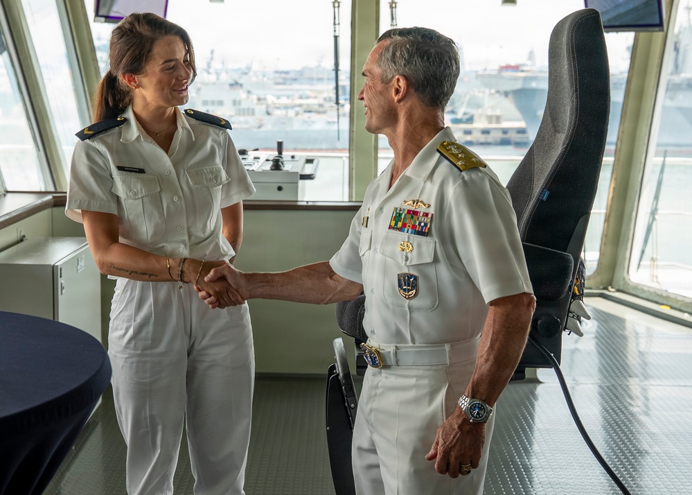 Vice Adm. Doug Perry, commander, U.S. 2nd Fleet, speaks to a Dutch Sailor