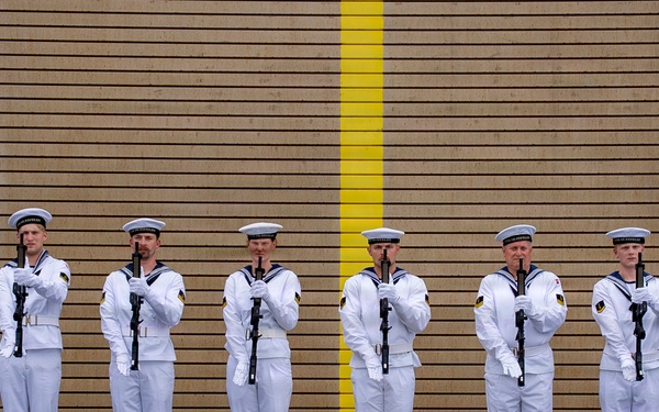 Dutch Sailors Aboard the Royal Danish Navy Frigate HDMS Iver Huitfeldt Present Arms