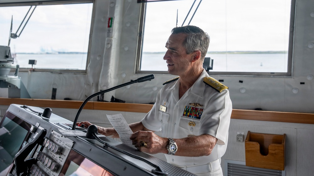 Vice Adm. Doug Perry, commander, U.S. 2nd Fleet, Addresses the Crew of the Royal Danish Navy frigate HDMS Iver Huitfeldt