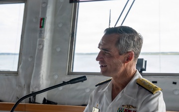 Vice Adm. Doug Perry, commander, U.S. 2nd Fleet, Addresses the Crew of the Royal Danish Navy frigate HDMS Iver Huitfeldt