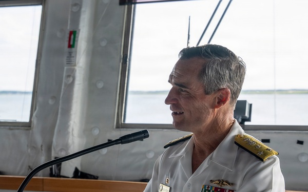 Vice Adm. Doug Perry, commander, U.S. 2nd Fleet, Addresses the Crew of the Royal Danish Navy frigate HDMS Iver Huitfeldt