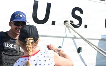 U.S. Coast Guard Fireman Dakyne Braun stands watch at the Coast Guard Cutter Eagle