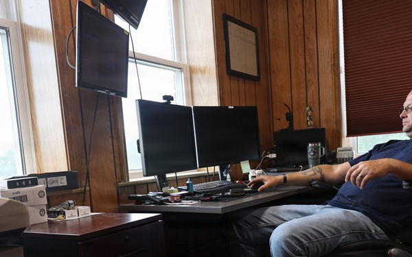 Lockport Lockmaster sits in his office at Lockport Lock during interview