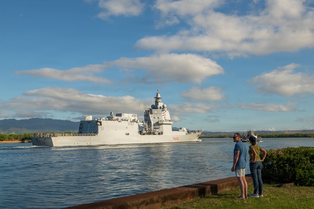 Marina Militare Italiana Than di Revel-class multipurpose offshore patrol vessel ITS Giovanni Delle Bande Nere (P 434) arrive at Joint Base Pearl Harbor-Hickam to participate in Exercise Rim of the Pacific (RIMPAC) 2026, June 22, 2026.