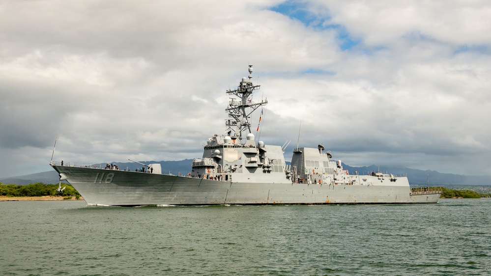 Arleigh-Buke class guided-missile destroyer USS Daniel Inouye (DDG 118) departs Joint Base Pearl Harbor-Hickam June 22, 2026.