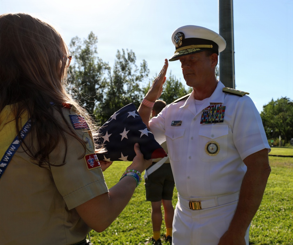 Adm Nowakowski Assists in the Lowering of the American Flag during Navy Week Omaha