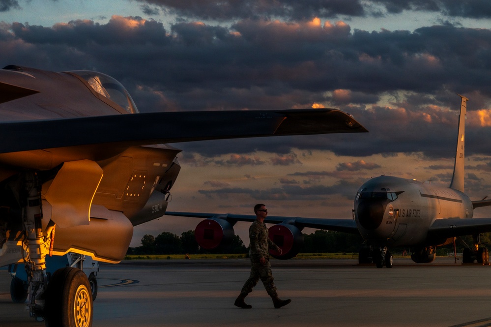 F-35 and KC-135 sit on the flight line