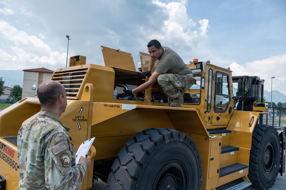 161st Air Refueling Wing Ground Transportation Sergeant Trains on Forklift at Aviano Air Base