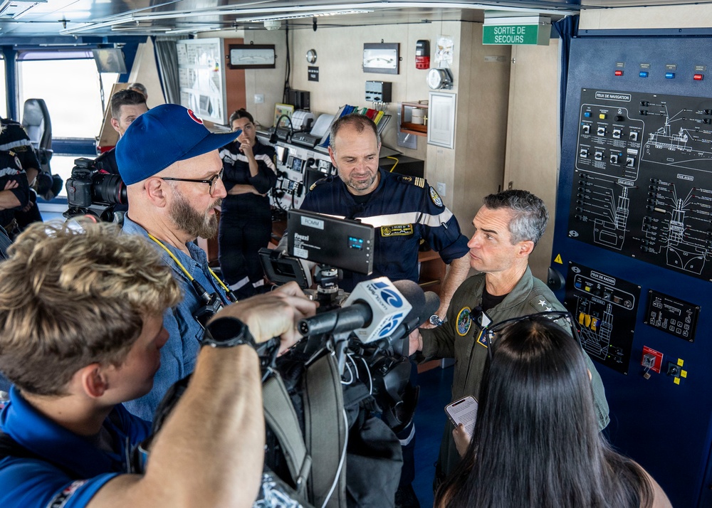 Vice Adm. Doug Perry, commander, U.S. 2nd Fleet, speaks to members of the media