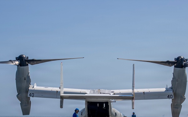 A CMV-22B Osprey is positioned aboard the Mistral-class amphibious assault ship FS Dixmude
