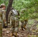 Three military personnel in camouflage uniforms are moving through a wooded forest terrain, navigating uphill through pine trees and leaf-covered ground. They are equipped with tactical gear, backpacks, and combat boots, suggesting a field training exercise or patrol movement. The lead soldier on the left appears to be female based on visible hair and body profile.